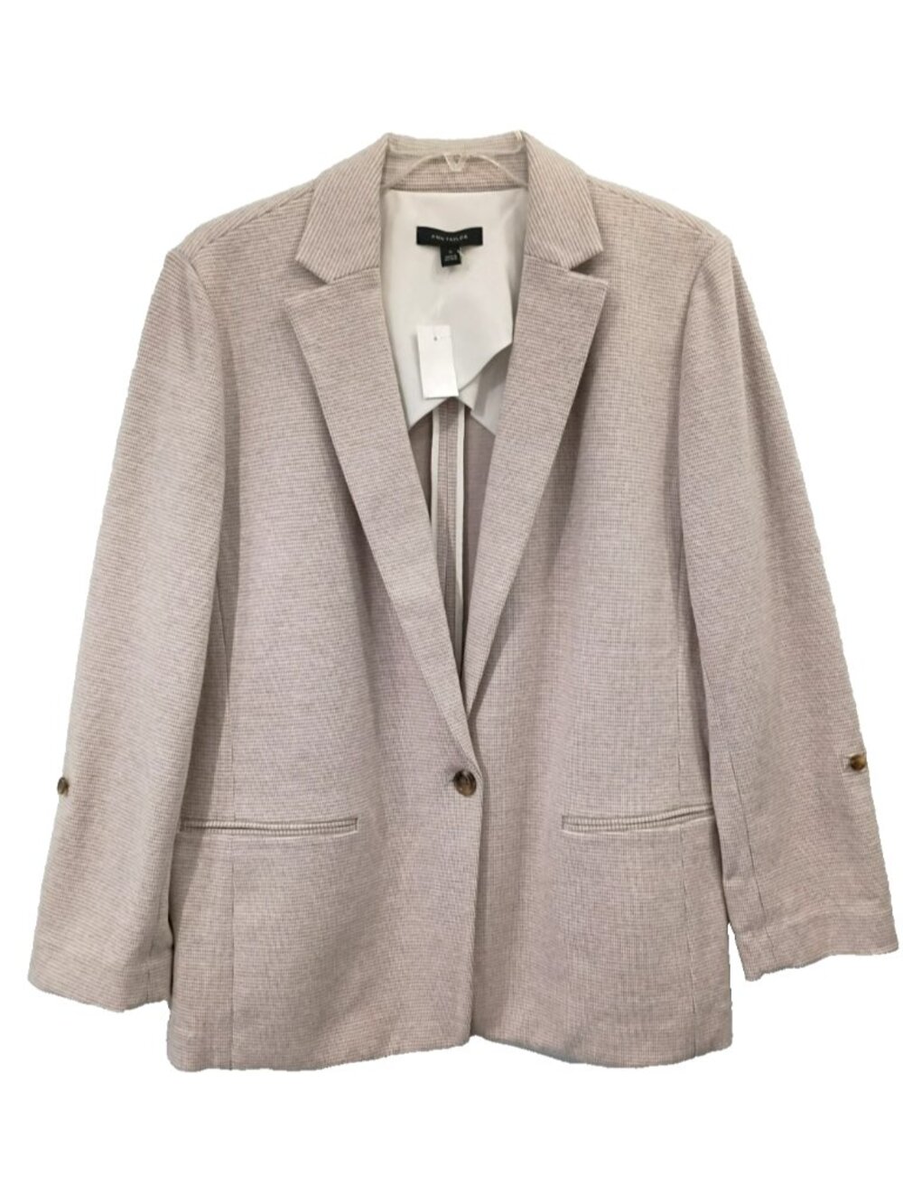 Ann Taylor Blazer Knit Stretch Roll Tab Sleeve Micro Check Taupe/Beige - 16 NWT